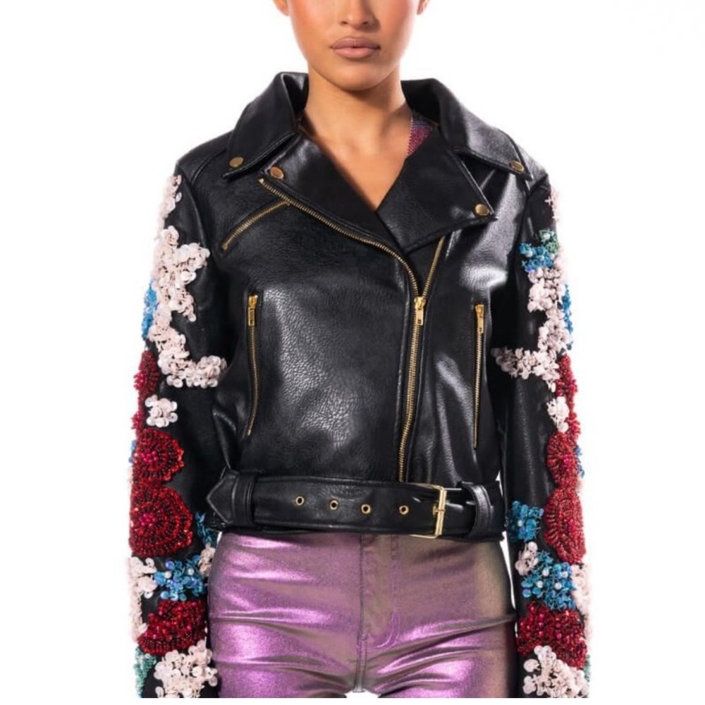 Embroidered Black Leather Jacket with Floral Accents